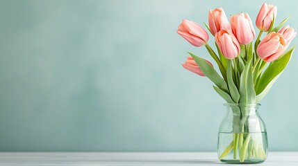   A vase of pink tulips resting on a white countertop beside a blue backdrop