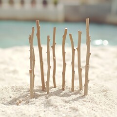 Sticks planted in sand near water