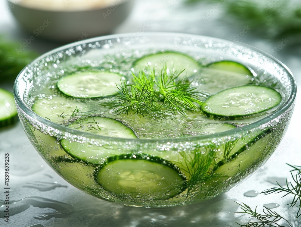 Poster cucumber delight: a refreshing and visually appealing image of sliced cucumbers and dill in a clear 