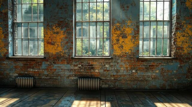 Sunlit Industrial Interior: Rustic Charm of a Forgotten Space