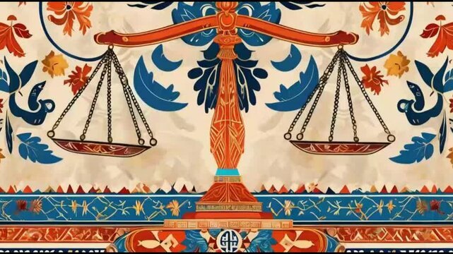 Decorative folk art scales of justice with vibrant orange and blue floral motifs in traditional design.
