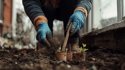 A woman agronomist, wearing colored rubber gloves, carefully rips the soil with a wooden stick, tending to her young seedlings in peat pots placed on a windowsill inside a residential building