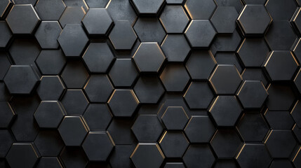 A seamless black hexagonal 3D mosaic, ideal for futuristic wallpapers and contemporary graphic design