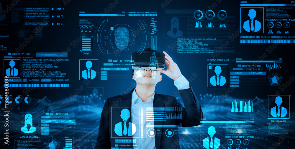 Poster smart business man connecting at global network by using vr glasses. project manager accessing big d