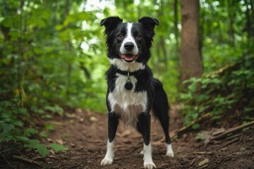 Loyal Companion: A Border Collie, with its striking black and white coat, stands attentively on a path in a dense forest, capturing the essence of canine companionship.