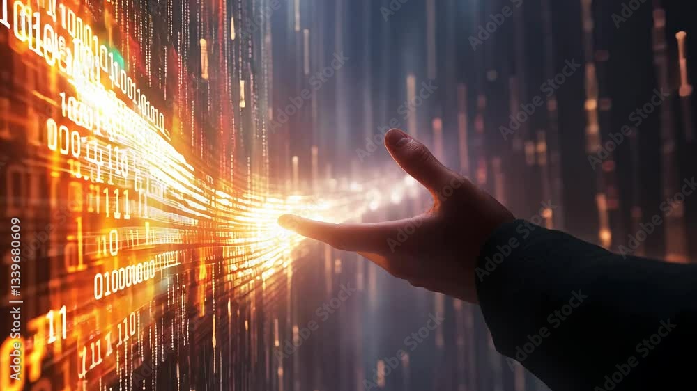 Aufkleber hand is reaching out to touch a glowing line of numbers. concept of curiosity and wonder, as if the 