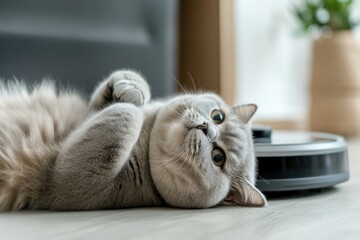 Playful Paws and Tech: A fluffy cat lounging contentedly on the floor beside a modern robot vacuum, creating a charming blend of pet life and technology in a domestic setting.