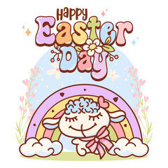 Happy Easter Day Poster with Rainbow and Sheep
