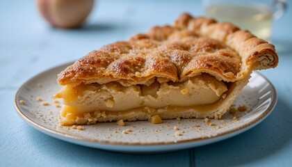 Tasty homemade apple pie on blue background