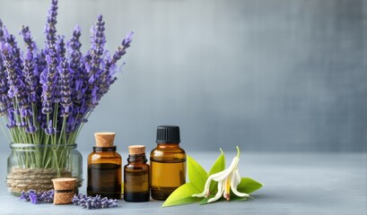 Aromatherapy for Emotional Well-Being: Lavender, Tea Tree, and Ylang-Ylang Essential Oils on gray Background with Copy Space