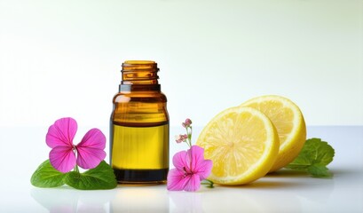 Essential Oils for Mood Enhancement: Bergamot, Geranium, and Lemon on White Background with Copy Space, Reducing Anxiety and Boosting Positivity