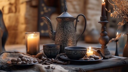 Ornate Teapot Candles Cups And Nuts On Rustic Table