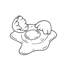 Line sketch, coloring of a broken chicken egg with white and yolk flowing out. Vector graphics.