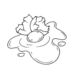 Line sketch, coloring of a broken chicken egg with white and yolk flowing out. Vector graphics.