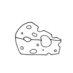 Line sketch, coloring a piece of cheese with holes. Vector graphics.