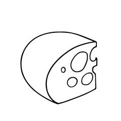 Line sketch, coloring a piece of cheese with holes. Vector graphics.