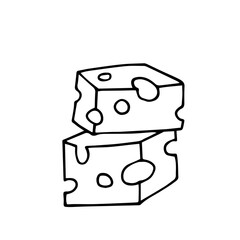 Line sketch, coloring a piece of cheese with holes. Vector graphics.