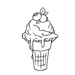 Line sketch, outline of summer dessert ice cream plombir in a waffle cone. Vector graphics.