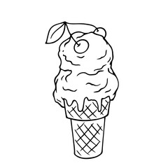 Line sketch, outline of summer dessert ice cream plombir in a waffle cone. Vector graphics.