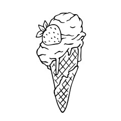 Line sketch, outline of summer dessert ice cream plombir in a waffle cone. Vector graphics.