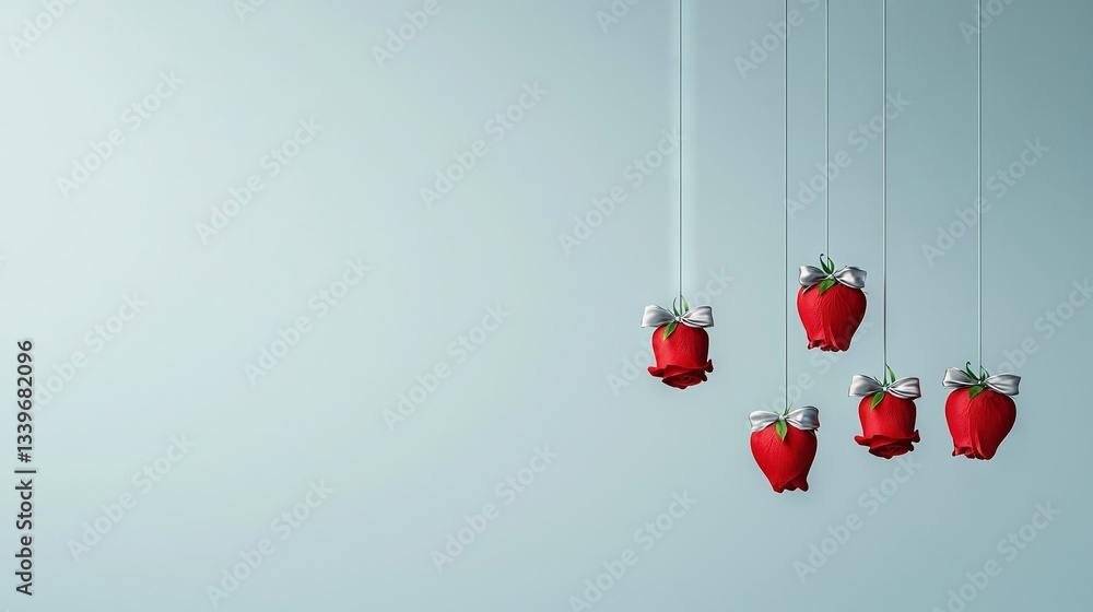Poster a cluster of strawberries dangling on strings forms a heart-shaped arrangement, complete with a deco