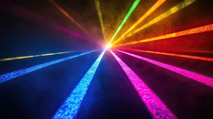 Outside laser light show with rainbow colors on a dark background, creating a vibrant, celebratory atmosphere ideal for event promotions, party visuals, or colorful celebration concepts.
