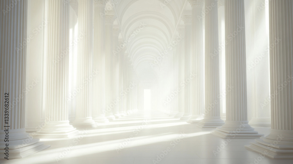 Poster sunlight gracefully streams through tall white columns in a long, elegant corridor, creating a lumin