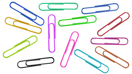 Colored paper clips isolated on a white background, top view. Office supplies.