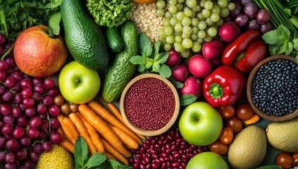 Vibrant array of fresh, colorful fruits and vegetables