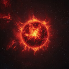 Obraz premium Cosmic Inferno: A blazing red star, engulfed in a fiery inferno, illuminates the vast expanse of space with its intense heat and radiance.