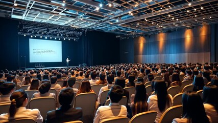 At a lively business conference, a charismatic speaker captivates the audience with insights on tech innovation and industry trends, inspiring and educating all attendees with their expertise