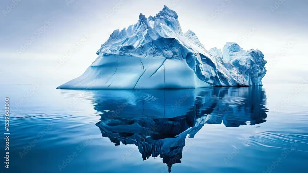 Poster large ice block is floating in the ocean. the water is calm and the ice is reflecting the sky