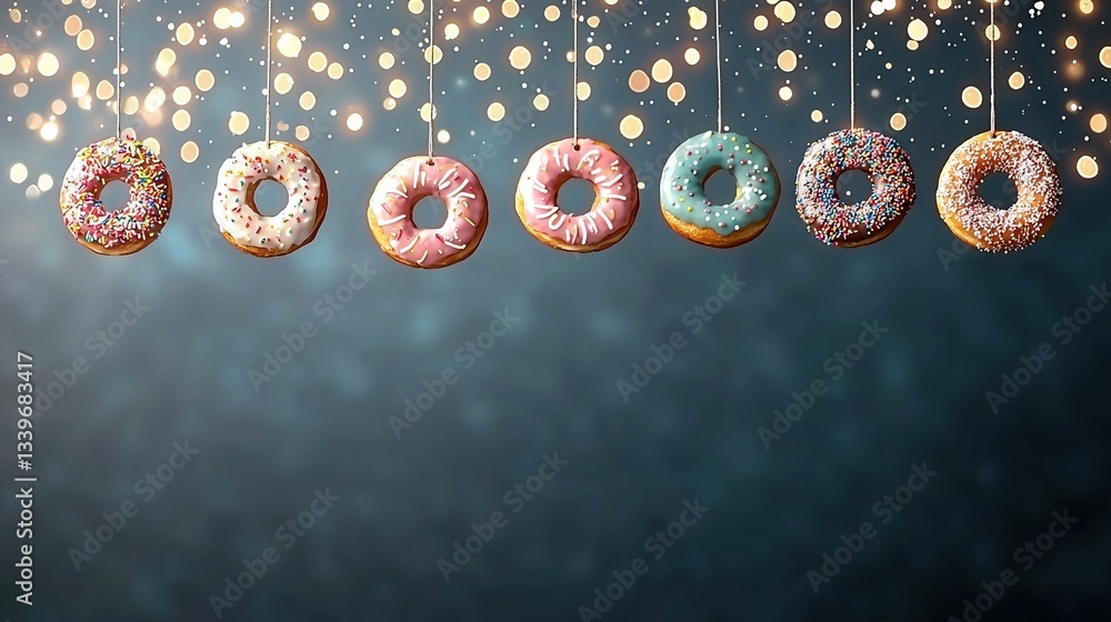Poster doughnuts dangling from strings, adorned with sprinkles and lit up by the background
