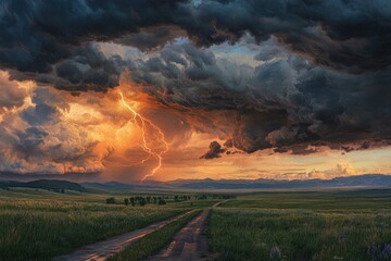 Dramatic sunset storm over a rural road