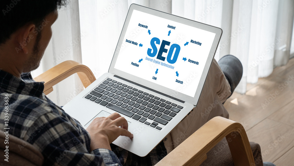 Aufkleber seo search engine optimization for modish e-commerce and online retail business showing on computer 