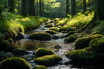 Selbstklebende Fototapeten Serene moss-covered stone pathway in a peaceful forest environment 4k © A10zon