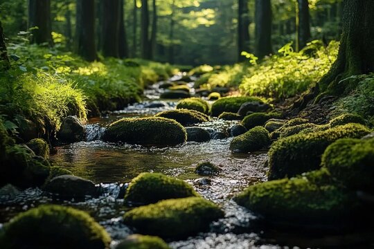 Serene moss-covered stone pathway in a peaceful forest environment 4k