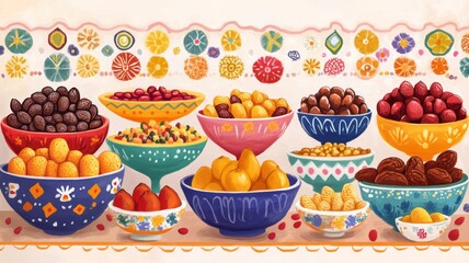 Colorful Bowls of Assorted Fruits and Dates