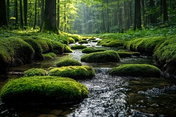 Serene moss-covered stone pathway in a peaceful forest environment high quality
