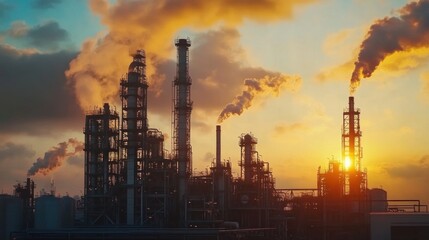 Obraz premium Sunset over Industrial Complex, Silhouette of Refineries and Pollution