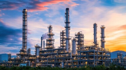 Obraz premium Majestic Oil Refinery at Sunset, Industrial Landscape