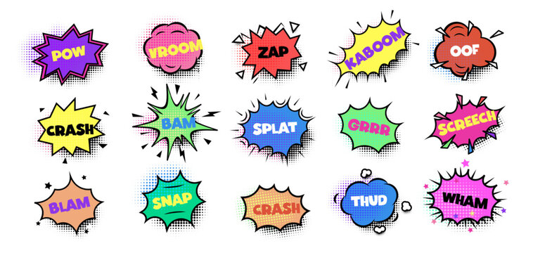 Comics speech bubbles, sound effects with dynamic typography for pop art, comics, cartoons, action scenes. Retro comic book design. Vector illustration
