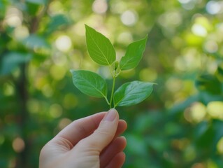 Hand holding green plant with leaves