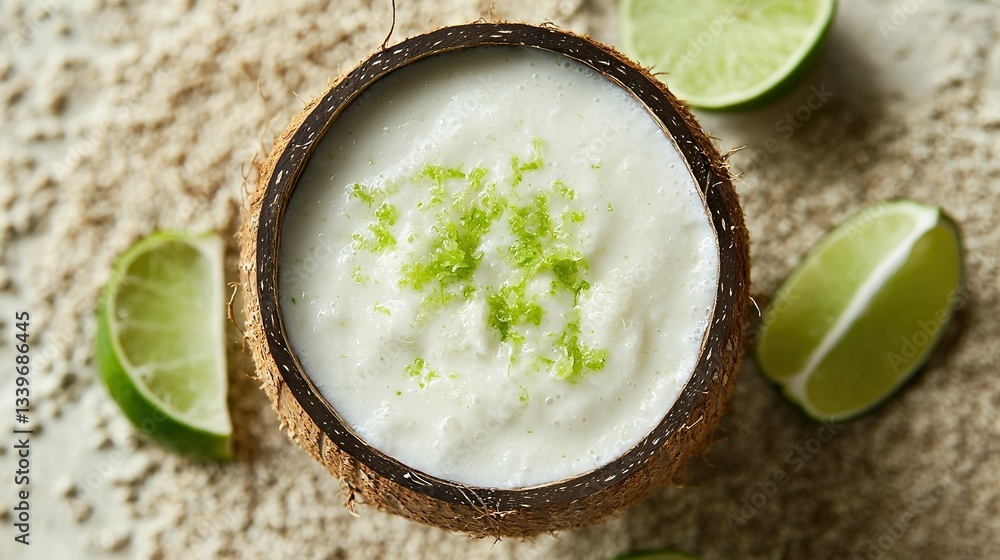 Poster a high-resolution image showcases a close-up of a refreshing drink inside a coconut cup, surrounded 