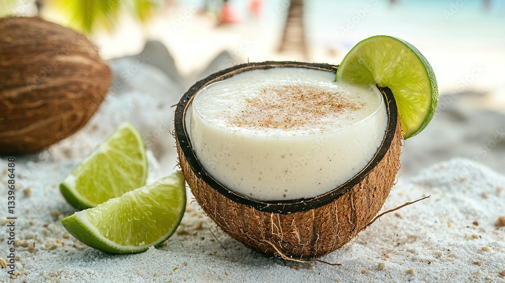 Poster a refreshing coconut drink garnished with a lime slice on a sandy beach surrounded by coconuts