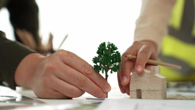 A video of architect using tree and home model to measure blueprint. Architect designing house construction on a table at studio, with architectural plan scattered around. Focus on hand. Delineation.