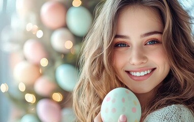 Naklejka premium Bright and happy young woman with a confident expression, with pastel-colored Easter eggs softly blurred