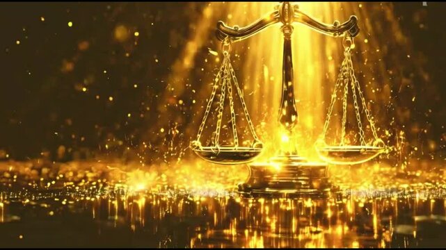 Majestic golden scales of justice surrounded by sparkling particles against dramatic black background.
