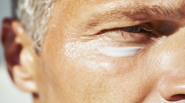 Mature man applying under eye cream in luxurious bathroom with warm lighting for refined self care routine
