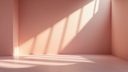 A minimalist background featuring a soft rose pink scene with warm peach sunlight streaming in at an angle, casting long diagonal shadows.